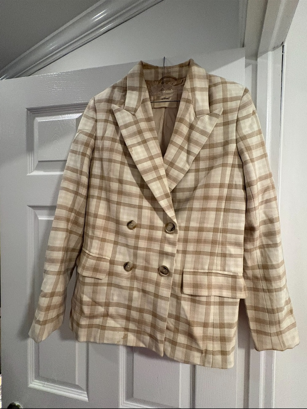 Wilfred Cream & Tan Plaid Double-Breasted Blazer